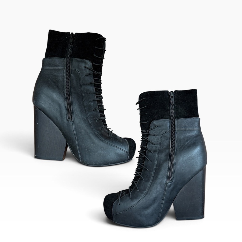 Jeffrey Campbell Ronson Black Leather Suede Lace Up platform Ankle Boots 7.5M